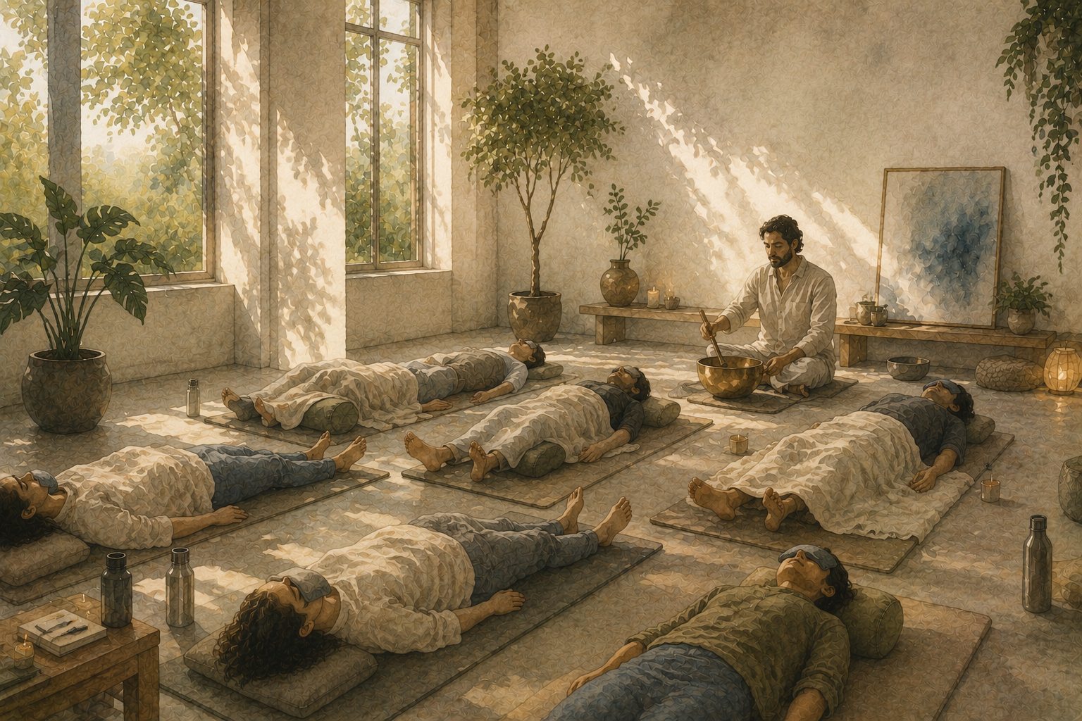 A watercolour painting of a group sound meditation session, participants resting on mats while a facilitator plays a singing bowl in a sunlit room