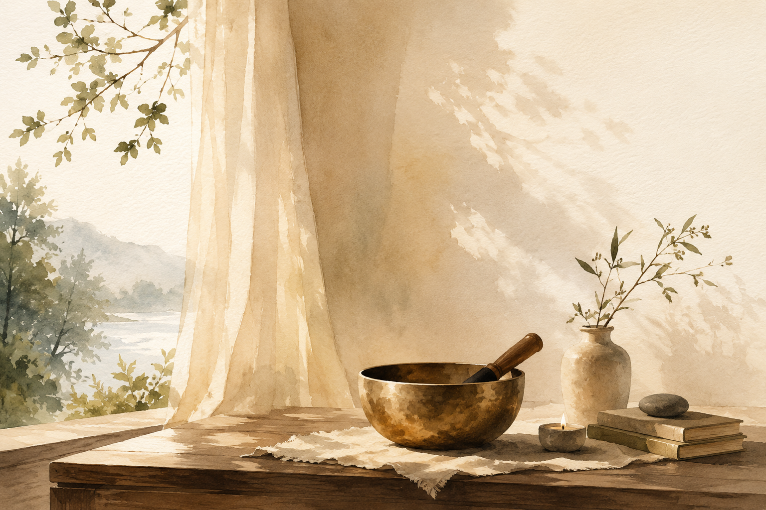 A watercolour painting of a singing bowl and mallet on a table by a sunlit window, with sheer curtains and greenery