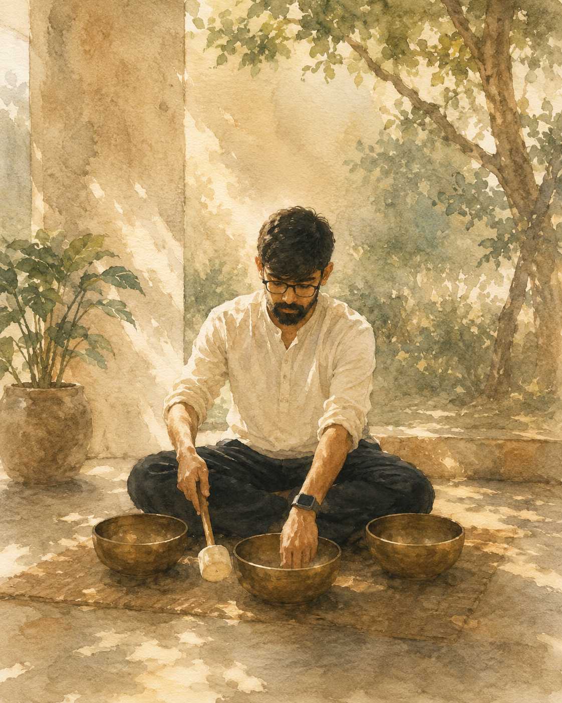 A watercolour portrait of Sri seated cross-legged, playing three Tibetan singing bowls under a tree in a sunlit courtyard